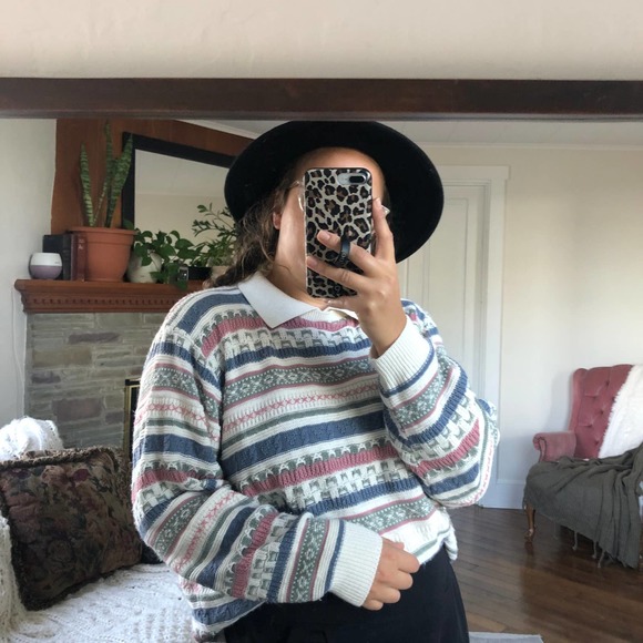 VINTAGE ALFRED DUNNER | Women's 2X Blue Pink Nordic Cottagecore Collared Sweater - Picture 2 of 7